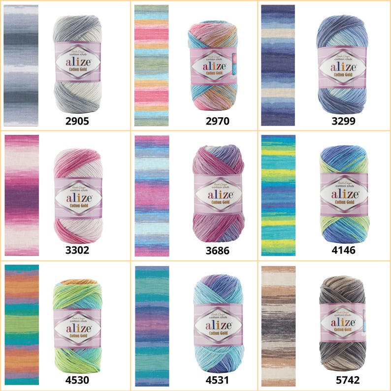 May include: A collection of nine Alize Cotton Gold yarn skeins in various colorways, each labeled with a specific number. The skeins display variegated patterns in shades of gray, pink, blue, green, orange, and brown, with matching swatches.