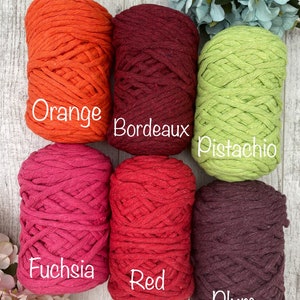 Pu&ograve; includere: Sei matasse di filato disposte su due file, con i colori etichettati come Orange, Bordeaux, Pistachio, Fuchsia, Red e Plum. Ogni matassa &egrave; composta da spessi fili intrecciati, che mostrano un colore solido distinto e un aspetto strutturato.
