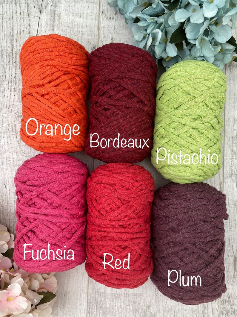 Pu&ograve; includere: Sei matasse di filato disposte su due file, con i colori etichettati come Orange, Bordeaux, Pistachio, Fuchsia, Red e Plum. Ogni matassa &egrave; composta da spessi fili intrecciati, che mostrano un colore solido distinto e un aspetto strutturato.