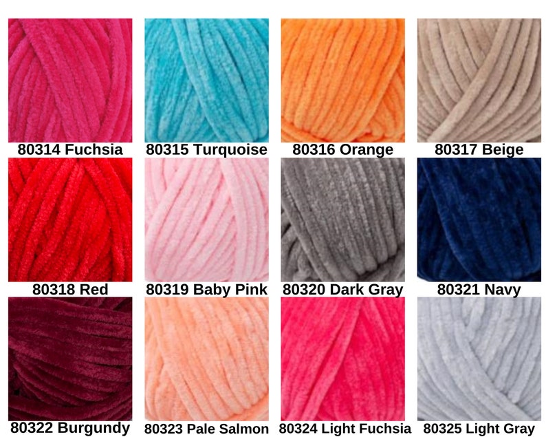 May include: A collection of colorful yarn skeins in various shades, including fuchsia, turquoise, orange, and beige. Each skein is labeled with a number and color name. Other colors include red, baby pink, dark gray, navy, burgundy, pale salmon, light fuchsia, and light gray.