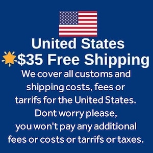 May include: A blue graphic featuring the United States flag at the top, followed by the text United States $35 Free Shipping, and a statement regarding the coverage of customs, shipping costs, fees, tariffs, and taxes for the United States.