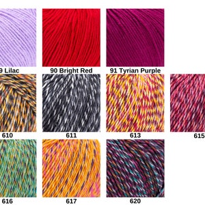 May include: A collection of eleven yarn skeins displayed in a grid, featuring solid colors including 89 Lilac, 90 Bright Red, and 91 Tyrian Purple, alongside variegated multi-colored blends labeled 610, 611, 613, 615, 616, 617, and 620.