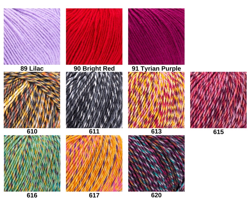 May include: A collection of eleven yarn skeins displayed in a grid, featuring solid colors including 89 Lilac, 90 Bright Red, and 91 Tyrian Purple, alongside variegated multi-colored blends labeled 610, 611, 613, 615, 616, 617, and 620.