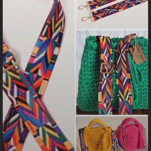 May include: A multi-colored woven bag strap featuring a geometric pattern in red, blue, yellow, green, and purple. The strap includes adjustable gold-tone metal hardware and lobster claw clasps at each end, shown attached to various crochet bags.