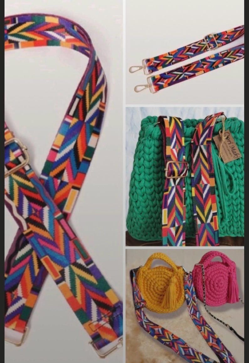 May include: A multi-colored woven bag strap featuring a geometric pattern in red, blue, yellow, green, and purple. The strap includes adjustable gold-tone metal hardware and lobster claw clasps at each end, shown attached to various crochet bags.