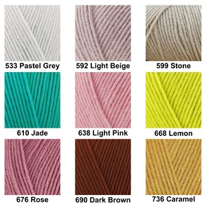May include: A grid of nine yarn skeins in various colors labeled with numbers and names: 533 Pastel Grey, 592 Light Beige, 599 Stone, 610 Jade, 638 Light Pink, 668 Lemon, 676 Rose, 690 Dark Brown, and 736 Caramel, showcasing fiber texture.