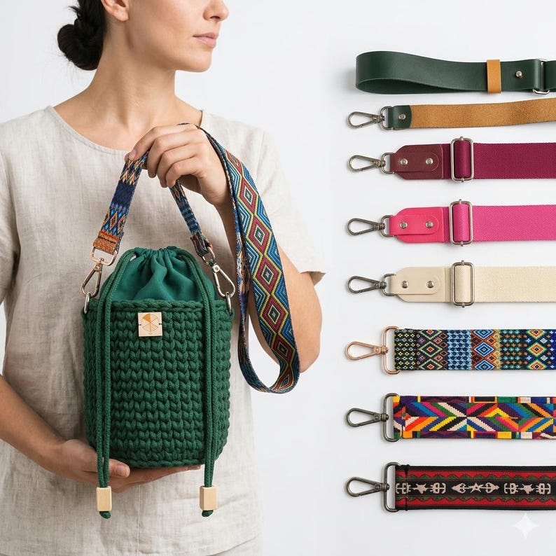 May include: A dark green crocheted bucket bag with a drawstring closure and a patterned fabric strap. To the right, a vertical display shows eight additional interchangeable bag straps in various solid colors and geometric patterns with metal clips.