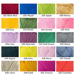 May include: A grid of twenty yarn skeins in various colors, each labeled with a number and name: 192 Wine Red, 201 Royal, 205 Apple, 206 Honey, 208 Sun, 212 Khaki, 222 Orchid, 225 Pink, 226 Lilac, 240 Hyacinth, 241 Golf Green, 242 Stone, 244 Agave, 245 Anis, 246 Rosa, 247 Cloud, 248 Linen, 249 Gold, 251 Freesia, and 252 Camellia.