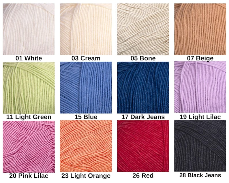 Puede incluir: Una cuadr&iacute;cula de doce ovillos de hilo en varios colores etiquetados con n&uacute;meros y nombres: 01 White, 03 Cream, 05 Bone, 07 Beige, 11 Light Green, 15 Blue, 17 Dark Jeans, 19 Light Lilac, 20 Pink Lilac, 23 Light Orange, 26 Red, 28 Black Jeans.