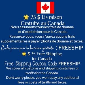 May include: A dark blue informational graphic featuring the Canadian flag at the top. The text includes details about free shipping to Canada for orders over $75, stating that customs and shipping fees are covered, and provides the code FREESHIP.