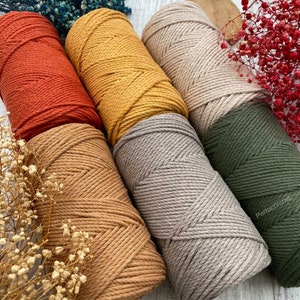 May include: Five spools of cotton rope in various colors, including orange, yellow, brown, beige, and green. The rope is twisted and has a chevron pattern. The spools are arranged in a semi-circle on a wooden surface.