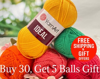 YarnArt hilo ideal, hilo de algodón puro, hilo de grosor deportivo, 50 gr, 1.76 oz, 170 mt, 186 yardas, hilo para ganchillo, hilo para amigurumi, hilo de algodón para tejer,