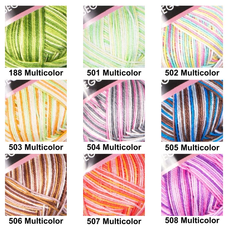 Puede incluir: Una colecci&oacute;n de nueve ovillos de lana, cada uno con distintos patrones de rayas multicolores. Los ovillos est&aacute;n etiquetados con los n&uacute;meros 188, 501, 502, 503, 504, 505, 506, 507 y 508, mostrando combinaciones de colores verde, rosa, azul, marr&oacute;n, naranja y gris.