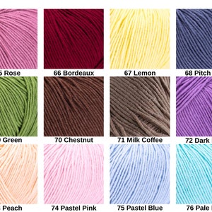 May include: A grid of twelve yarn skeins in various colors, labeled with numbers and names: 65 Rose, 66 Bordeaux, 67 Lemon, 68 Pitch Blue, 69 Green, 70 Chestnut, 71 Milk Coffee, 72 Dark Lilac, 73 Peach, 74 Pastel Pink, 75 Pastel Blue, 76 Pale Blue.