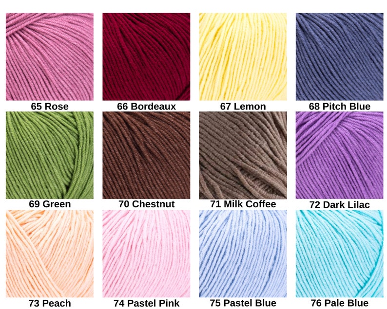 May include: A grid of twelve yarn skeins in various colors, labeled with numbers and names: 65 Rose, 66 Bordeaux, 67 Lemon, 68 Pitch Blue, 69 Green, 70 Chestnut, 71 Milk Coffee, 72 Dark Lilac, 73 Peach, 74 Pastel Pink, 75 Pastel Blue, 76 Pale Blue.