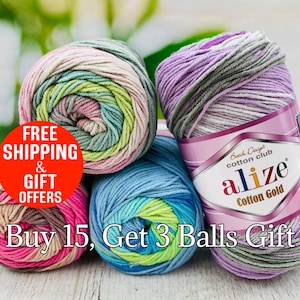 May include: Four skeins of Alize Cotton Gold yarn in various variegated colorways including pink, green, blue, and purple. Each skein features a paper label with the text Batik Design cotton club alize Cotton Gold printed on the front.
