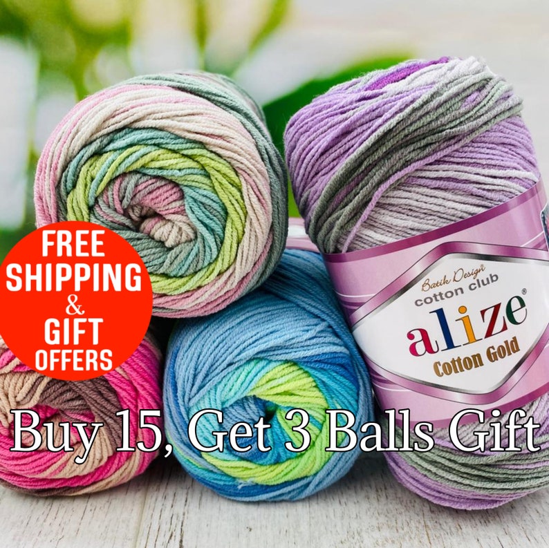 May include: Four skeins of Alize Cotton Gold yarn in various variegated colorways including pink, green, blue, and purple. Each skein features a paper label with the text Batik Design cotton club alize Cotton Gold printed on the front.
