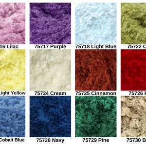 May include: A grid of twelve textured yarn samples in various colors, each labeled with a code and name: 75716 Lilac, 75717 Purple, 75718 Light Blue, 75722 Olive, 75723 Light Yellow, 75724 Cream, 75725 Cinnamon, 75726 Red, 75727 Cobalt Blue, 75728 Navy, 75729 Pine, and 75730 Beige.