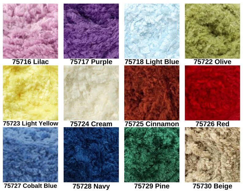 May include: A grid of twelve textured yarn samples in various colors, each labeled with a code and name: 75716 Lilac, 75717 Purple, 75718 Light Blue, 75722 Olive, 75723 Light Yellow, 75724 Cream, 75725 Cinnamon, 75726 Red, 75727 Cobalt Blue, 75728 Navy, 75729 Pine, and 75730 Beige.