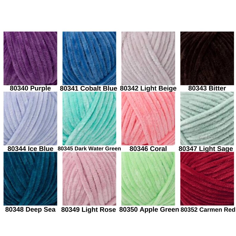 May include: A collection of twelve skeins of soft, plush yarn in various colors. Colors include purple, cobalt blue, light beige, bitter, ice blue, dark water green, coral, light sage, deep sea, light rose, apple green, and carmen red. Each skein is labeled with a number.