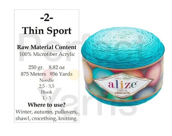 Gradient Yarn, Alize Diva Ombre Batik, 250g, 875m, Cake Glitter, Ombre Batik, Soft, Summer, Lace, Crochet, Acrylic, Bikini, Multicolor yarns