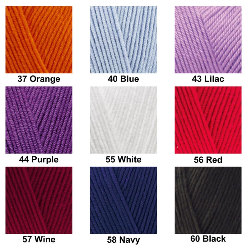 May include: A grid of nine yarn color samples featuring orange, blue, lilac, purple, white, red, wine, navy, and black. Each square displays the yarn texture and is labeled with its corresponding number and color name, such as 37 Orange and 60 Black.