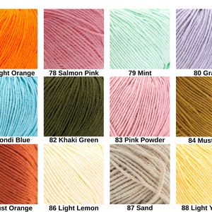 May include: A grid of twelve yarn skeins in various colors labeled with numbers and names: 77 Bright Orange, 78 Salmon Pink, 79 Mint, 80 Gray, 81 Bondi Blue, 82 Khaki Green, 83 Pink Powder, 84 Mustard, 85 Rust Orange, 86 Light Lemon, 87 Sand, 88 Light Yellow.