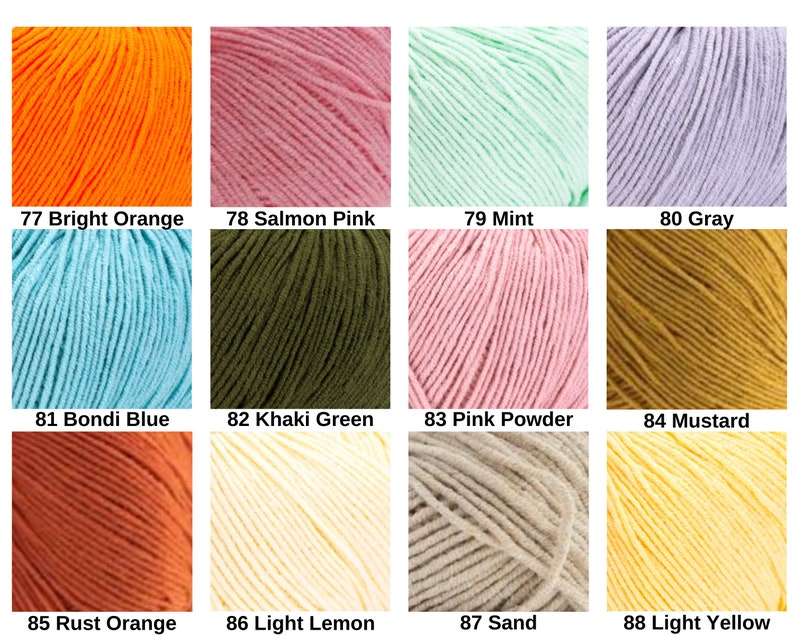 May include: A grid of twelve yarn skeins in various colors labeled with numbers and names: 77 Bright Orange, 78 Salmon Pink, 79 Mint, 80 Gray, 81 Bondi Blue, 82 Khaki Green, 83 Pink Powder, 84 Mustard, 85 Rust Orange, 86 Light Lemon, 87 Sand, 88 Light Yellow.