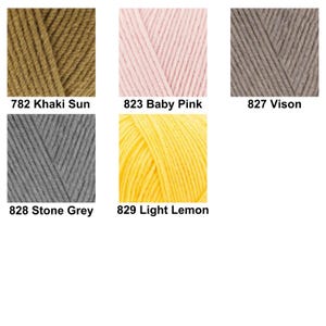 May include: Five skeins of yarn in distinct colors: 782 Khaki Sun, 823 Baby Pink, 827 Vison, 828 Stone Grey, and 829 Light Lemon. Each square shows a close-up of the twisted fiber texture, clearly labeled with its specific color name and number.