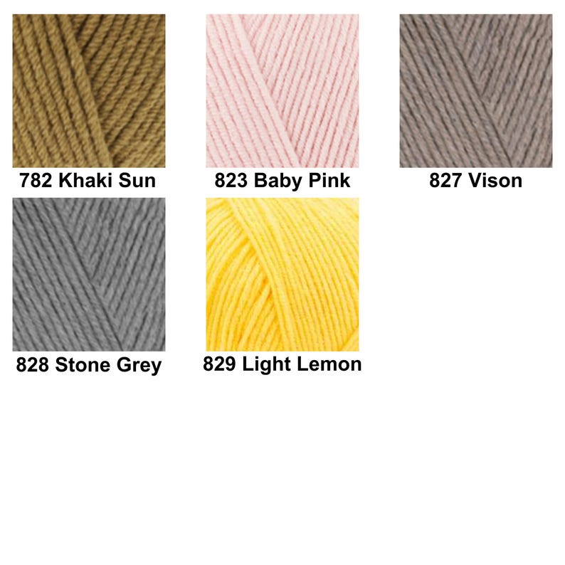 May include: Five skeins of yarn in distinct colors: 782 Khaki Sun, 823 Baby Pink, 827 Vison, 828 Stone Grey, and 829 Light Lemon. Each square shows a close-up of the twisted fiber texture, clearly labeled with its specific color name and number.