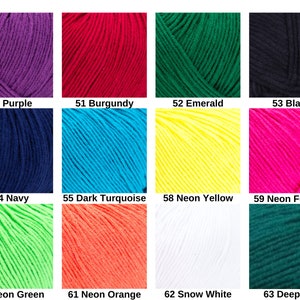 May include: A grid of twelve yarn skeins in various colors, each labeled with a number and name: 50 Purple, 51 Burgundy, 52 Emerald, 53 Black, 54 Navy, 55 Dark Turquoise, 58 Neon Yellow, 59 Neon Fuchsia, 60 Neon Green, 61 Neon Orange, 62 Snow White, 63 Deep Sea.