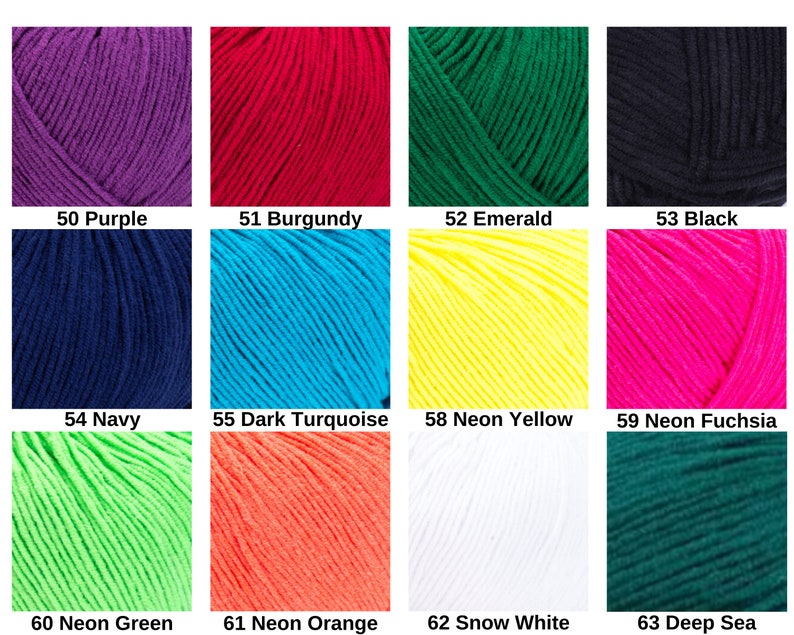 May include: A grid of twelve yarn skeins in various colors, each labeled with a number and name: 50 Purple, 51 Burgundy, 52 Emerald, 53 Black, 54 Navy, 55 Dark Turquoise, 58 Neon Yellow, 59 Neon Fuchsia, 60 Neon Green, 61 Neon Orange, 62 Snow White, 63 Deep Sea.