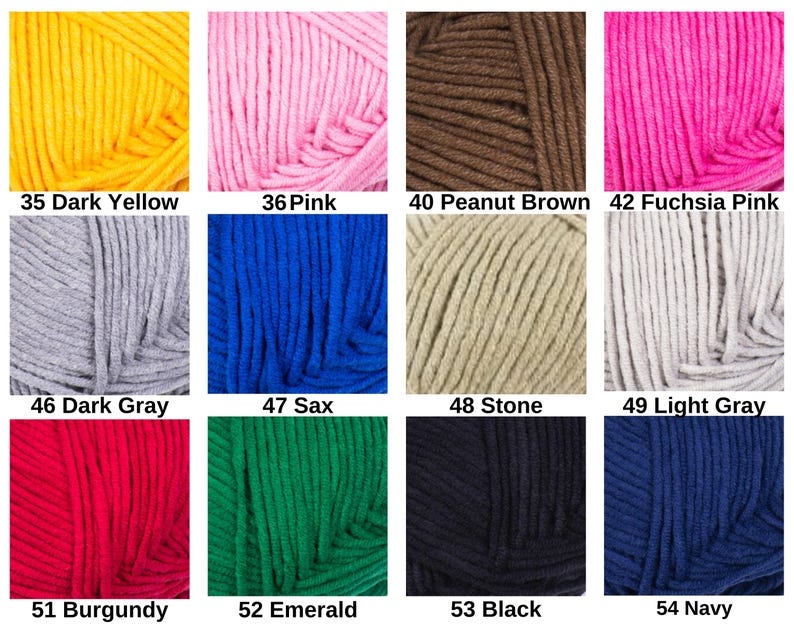 May include: A collection of yarn skeins in various colors, including dark yellow, pink, peanut brown, fuchsia pink, dark gray, sax, stone, light gray, burgundy, emerald, black, and navy. Each skein is labeled with a number and color name.