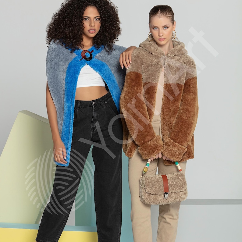 May include: A grey and blue sleeveless wrap with a dark circular clasp, worn over a white crop top and black jeans. Beside it, a hooded brown and tan faux-fur jacket with a matching fuzzy handbag featuring a brown leather strap and beads.
