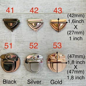 May include: Selection of metal purse clasps in black, silver, and gold. Features shield and round designs with dimensions: 42mm x 27mm and 47mm x 47mm. Includes the numbers 41, 42, 43, 51, 52, and 53.