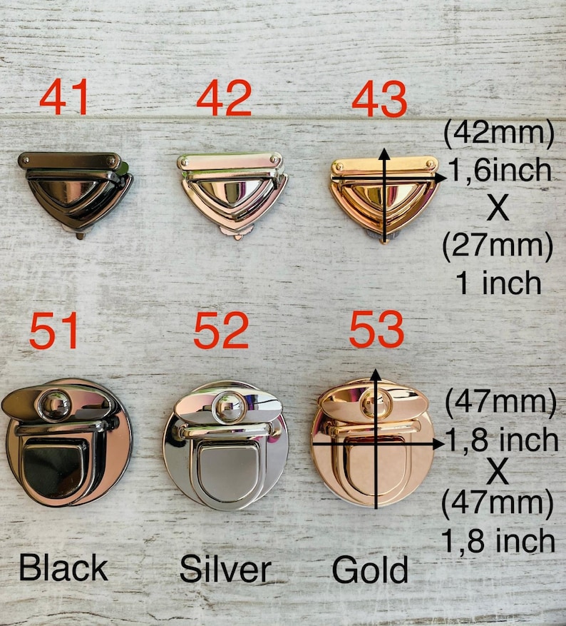 May include: Selection of metal purse clasps in black, silver, and gold. Features shield and round designs with dimensions: 42mm x 27mm and 47mm x 47mm. Includes the numbers 41, 42, 43, 51, 52, and 53.