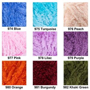 May include: A grid of nine squares displaying textured yarn in various colors: 974 Blue, 975 Turquoise, 976 Peach, 977 Pink, 978 Lilac, 979 Purple, 980 Orange, 981 Burgundy, and 982 Khaki Green, each labeled with its corresponding number and name.