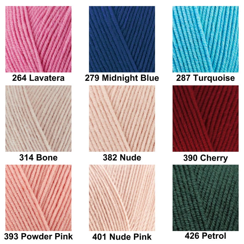 May include: A grid of nine yarn color samples labeled with numbers and names: 264 Lavatera, 279 Midnight Blue, 287 Turquoise, 314 Bone, 382 Nude, 390 Cherry, 393 Powder Pink, 401 Nude Pink, and 426 Petrol, showcasing various textures and shades.