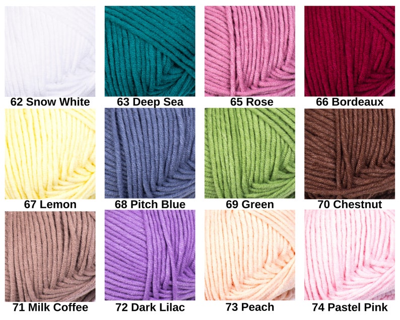 May include: A collection of yarn skeins in various colors, including white, teal, pink, and burgundy. Each skein is labeled with a number and color name, such as "62 Snow White" and "63 Deep Sea". The yarn appears soft and suitable for knitting or crochet projects.