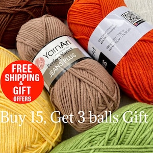 May include: A collection of YarnArt Perfect Jeans Plus yarn balls in various colors, including brown, orange, yellow, and green. The image features a label with the brand name and yarn details. The text "Buy 15, Get 3 balls Gift" is also visible.