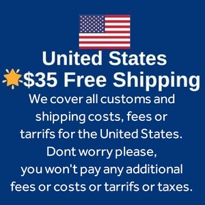 May include: A blue graphic featuring the United States flag at the top, followed by the text United States $35 Free Shipping, and a statement regarding the coverage of customs, shipping costs, fees, tariffs, and taxes for the United States.