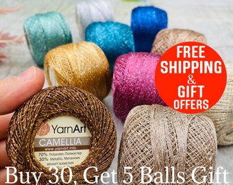 Yarnart Camellia, Metallic Polyester yarn, Crochet yarn, Embroidery thread, Summer yarn, Hand knit yarn, Fantasy yarn, Shinning Lace yarn