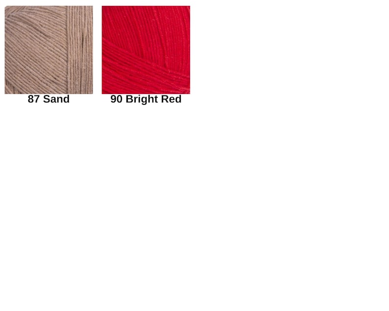 Puede incluir: Dos muestras cuadradas de hilo. La muestra de la izquierda es de color beige claro etiquetada como 87 Sand. La muestra de la derecha es de color rojo brillante etiquetada como 90 Bright Red. Ambas muestran la textura de las fibras.