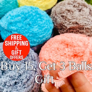 May include: Multiple balls of soft, fuzzy yarn in various colors including bright blue, light blue, peach, and brown. A red circular graphic with white text reads FREE SHIPPING & GIFT OFFERS, and white text reads Buy 15, Get 3 Balls Gift.