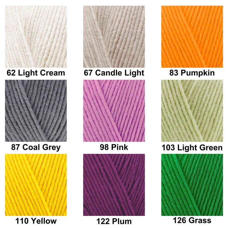 May include: A grid of nine yarn color samples featuring: 62 Light Cream, 67 Candle Light, 83 Pumpkin, 87 Coal Grey, 98 Pink, 103 Light Green, 110 Yellow, 122 Plum, and 126 Grass. Each square displays a textured, twisted fiber in a solid color.