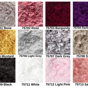 May include: A grid of twelve swatches of textured, fuzzy yarn in various colors labeled with codes and names: 75701 Bone, 75702 Rose, 75703 Burgundy, 75704 Dark Purple, 75705 Mustard, 75706 Light Grey, 75707 Dark Grey, 75708 Stone, 75709 Black, 75711 White, 75712 Light Pink, and 75713 Salmon.