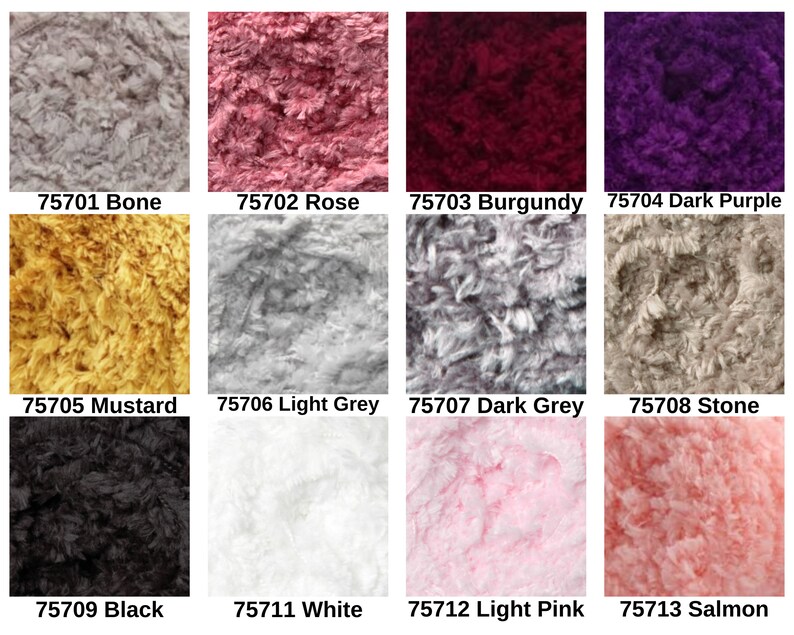 May include: A grid of twelve swatches of textured, fuzzy yarn in various colors labeled with codes and names: 75701 Bone, 75702 Rose, 75703 Burgundy, 75704 Dark Purple, 75705 Mustard, 75706 Light Grey, 75707 Dark Grey, 75708 Stone, 75709 Black, 75711 White, 75712 Light Pink, and 75713 Salmon.