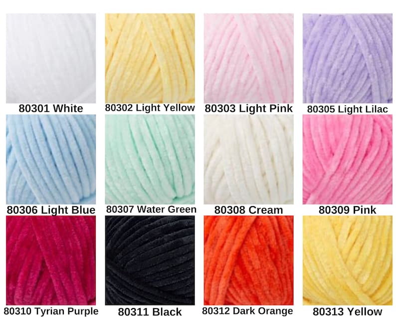 May include: A collection of colorful yarn skeins in various shades, including white, yellow, pink, lilac, blue, green, cream, orange, and purple. Each skein is labeled with a number and color name.