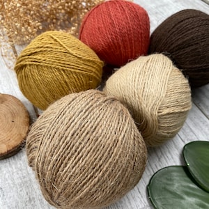 May include: Six balls of yarn in a range of natural colours, such as mustard, terracotta, and brown. The yarn appears to be tightly spun, possibly from a natural fibre. The arrangement is on a light wooden surface, with dried foliage and leaves in the background.