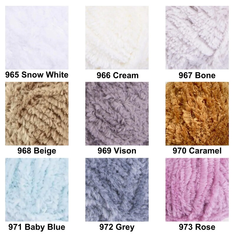 May include: A grid of nine yarn samples with fuzzy textures, labeled with color names and numbers: 965 Snow White, 966 Cream, 967 Bone, 968 Beige, 969 Vison, 970 Caramel, 971 Baby Blue, 972 Grey, and 973 Rose, showcasing a variety of soft yarn colors.